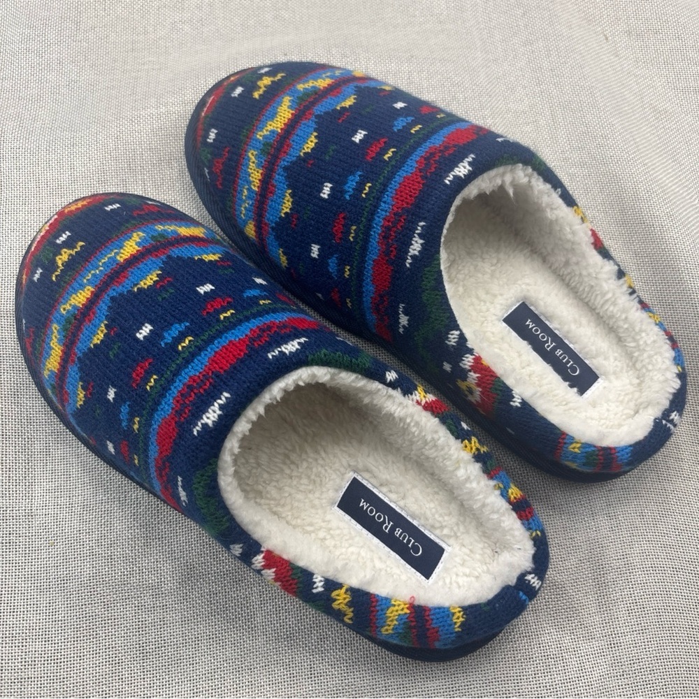 Club Room Mens Holiday Slip On Slippers Navy Blue Red Size Small 6-7